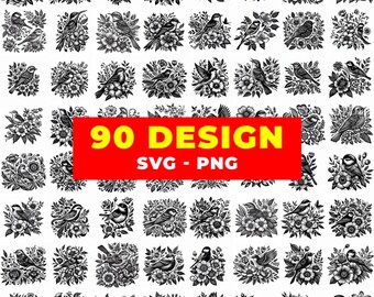 Bird and Floral Engraving Clipart | Vintage SVG PNG Bundle