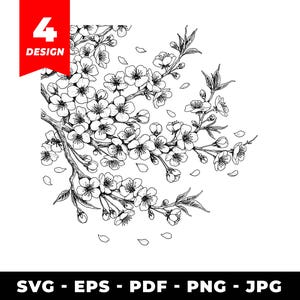May include: Black and white illustration of a flowering cherry blossom branch with delicate petals and leaves. The design includes the text "4 DESIGN" in a red box. The bottom of the image includes the text "SVG - EPS - PDF - PNG - JPG".