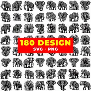 Peut inclure: Une collection de 180 motifs d'éléphants noirs et blancs dans diverses poses et styles. L'image comprend le texte "180 DESIGN SVG - PNG" sur un fond rouge. Les éléphants sont détaillés avec des motifs et des textures complexes.