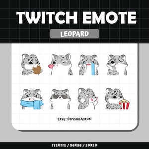 May include: A set of eight animated Twitch emotes featuring a cute cartoon snow leopard with different expressions. The emotes include a snow leopard eating a cookie, a snow leopard blowing a kiss, a snow leopard crying, a snow leopard looking through a magnifying glass, a snow leopard wearing a scarf, a snow leopard wearing sunglasses, a snow leopard blushing, and a snow leopard holding a bucket of popcorn. The emotes are designed in a cartoon style with bright colors and simple lines. The text "LEOPARD" is displayed above the emotes. The text "Etsy: StreamAstuti" is displayed below the emotes. The text "112X112 / 56X56 / 28X28" is displayed at the bottom of the image.