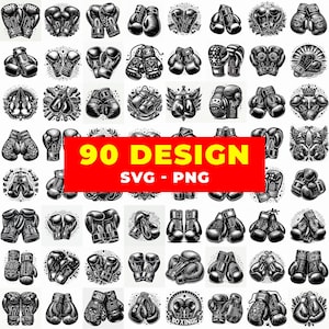 May include: A collection of 90 black and white boxing glove designs in various styles. The designs include detailed illustrations of boxing gloves, some with wings, stars, and other decorative elements. The image includes the text "90 DESIGN SVG - PNG" in a red rectangle.