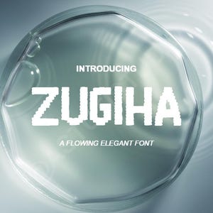 Op de afbeelding: Een digitale afbeelding met het woord "ZUGIHA" in een witte, gepixelde letter, met de tekst "INTRODUCING" erboven en "A FLOWING ELEGANT FONT" eronder. De achtergrond heeft een waterig, abstract ontwerp.