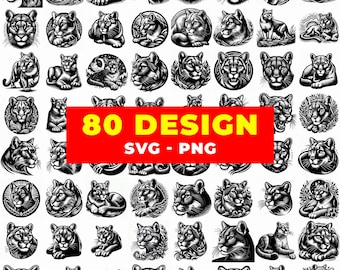 May include: A collection of 80 black and white cougar designs in various poses and styles. The designs include detailed illustrations of cougar faces, full body poses, and cougar cubs. The image includes the text "80 DESIGN SVG - PNG" in a red rectangle.