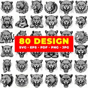 May include: A collection of 80 black and white leopard designs. The designs include various leopard head illustrations, some with open mouths and detailed fur patterns. The image also includes the text "80 DESIGN" in a red rectangle, with file type options.