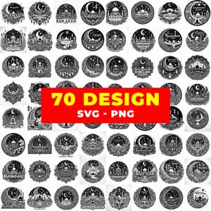 Può includere: Una collezione di 70 design Ramadan in bianco e nero in formati SVG e PNG. I design presentano moschee, lune crescenti e stelle, con le parole "Ramadan" e "Ramadan Begins".