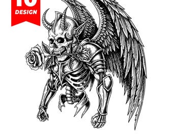 May include: Black and white illustration of a skeletal figure with horns, wings, and armor, holding a rose in its mouth. The image includes the text "10 DESIGN" in a red banner and file type options: SVG, EPS, PDF, PNG, JPG.