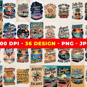 Könnte beinhalten: Eine Sammlung von 36 Designs im Vintage-Stil mit Reise- und Sommerthemen. Die Designs zeigen Autos, Transporter, Sonnenuntergänge und Texte wie "Endless Road Trips", "August Skies" und "Summer Grins". Das Bild enthält auch den Text "300 DPI - 36 DESIGN - PNG - JPG".