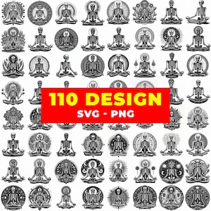 Op de afbeelding: Een verzameling van 110 zwart-witte ontwerpen met skeletten in een meditatieve pose. Elk ontwerp is cirkelvormig, met ingewikkelde details en verschillende achtergronden. De tekst "110 DESIGN SVG - PNG" staat op een rode banner.
