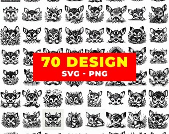 70 Cute Baby Deer SVG PNG Bundle | Kawaii Fawn Clipart | Woodland Animal SVG for Cricut, Silhouette, Kids Design