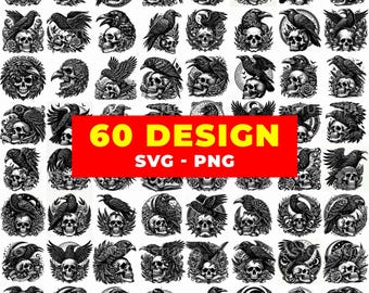 Raven Skull Engraving Clipart | Gothic Tattoo Vector (SVG PNG)