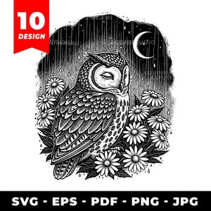 May include: Black and white illustration of a sleeping owl surrounded by daisies, under a crescent moon and rain. The image has the text "10 DESIGN" in a red box in the upper left corner. The bottom of the image has the text "SVG - EPS - PDF - PNG - JPG".