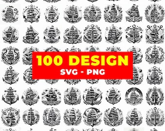 Paquete de 100 anclas de barco SVG PNG / Grabado vintage de barco de vela náutico / Imágenes prediseñadas de estilo tatuaje marítimo / Archivos Cricut
