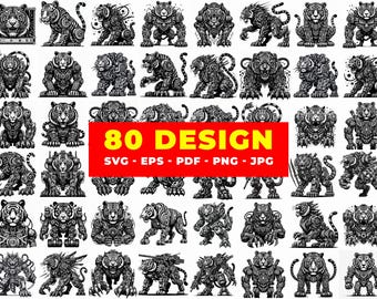 Op de afbeelding: Een verzameling van 80 zwart-wit tijgerontwerpen in diverse poses en stijlen. Sommige tijgers hebben mechanische elementen. De afbeelding bevat de tekst "80 DESIGN" met bestandstype-opties, ideaal voor digitale kunstprojecten.