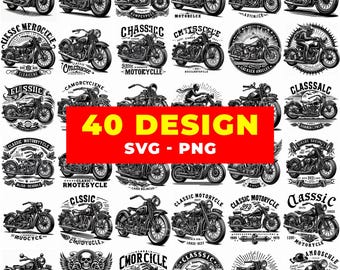 Paquete de 40 SVG de motocicletas clásicas, PNG de grabado de bicicleta vintage, clipart de logotipo de motociclista, vector de chopper retro, archivo de corte de estilo