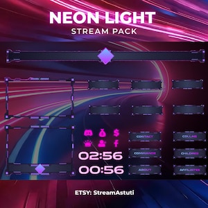 以下が含まれることがあります： ネオンライトをテーマにしたデジタルストリームパック。バナー、フレーム、および「連絡先」や「コラボ」などのテキストを含むさまざまなボタンが含まれています。配色は主に紫と黒で、未来的なデザインです。