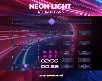May include: A digital stream pack with a neon light theme. The pack includes a banner, frames, and various buttons with text like "Contact" and "Collab". The color scheme is primarily purple and black, with a futuristic design.