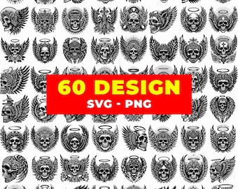 60 SVG-bundel gevleugelde schedel | Engel schedel clipart png | Digitale download Gothic Skull Wings voor Cricut, Silhouette, Tattoo en T-shirtontwerp