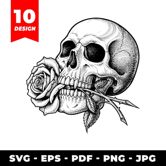 Skull With Rose SVG Bundle: Gothic Tattoo Art, Laser Cut Files - Etsy