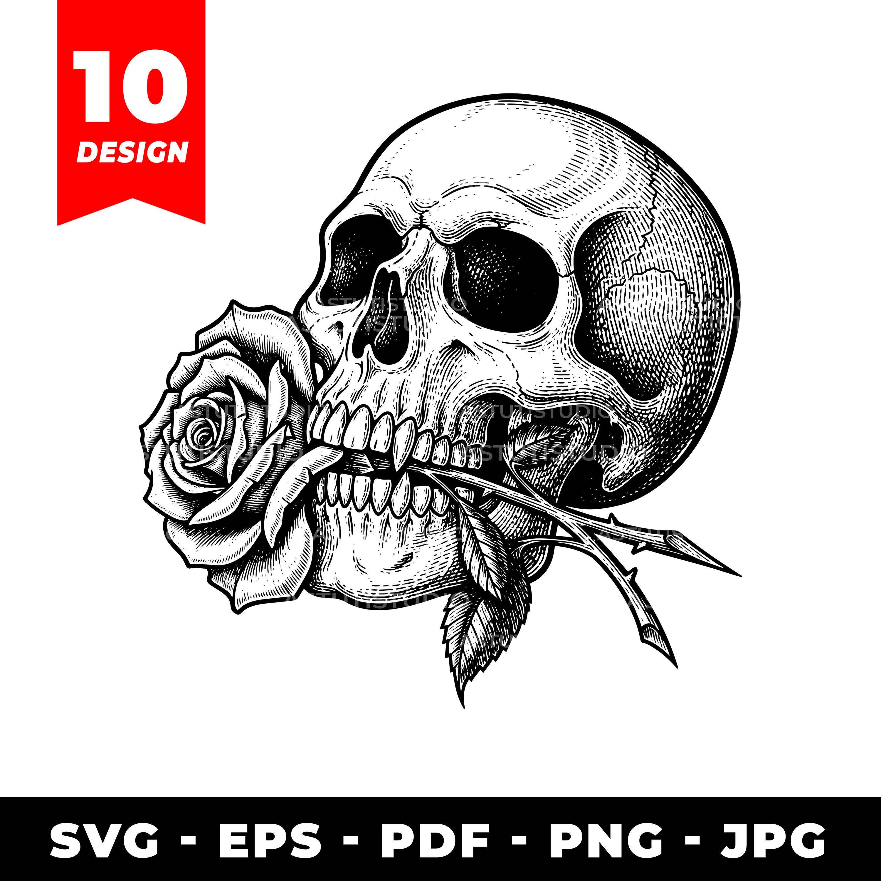 Skull With Rose SVG Bundle: Gothic Tattoo Art, Laser Cut Files - Etsy