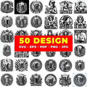 Könnte beinhalten: Eine Sammlung von 50 schwarz-weißen Designs zum Thema Bier. Die Designs umfassen Bierkrüge, Bierflaschen und Bilder einer Lunch-Lady. Der Text "50 DESIGN" wird in einem roten Rechteck angezeigt.
