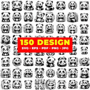 May include: A collection of 150 panda designs in black and white. The pandas are depicted in various poses and styles, with the text "150 DESIGN" in a red banner, along with file format options: SVG, EPS, PDF, PNG, and JPG.