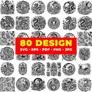 Puede incluir: Una colección de 80 diseños en blanco y negro con dragones, pagodas y otros motivos de inspiración asiática. Disponibles en formatos SVG, EPS, PDF, PNG y JPG. Los diseños están dispuestos en varias formas circulares y cuadradas.