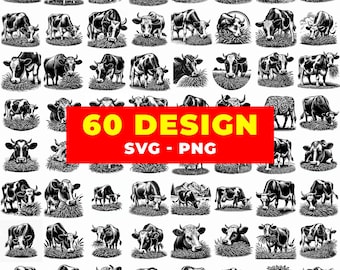 Lot de 60 vaches SVG, clipart vache de la ferme, vache Illustration SVG png, graphique bovin, animaux de la ferme SVG pour Silhouette Cricut