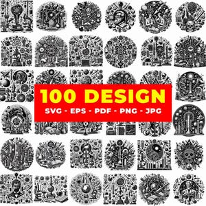 May include: A collection of 100 black and white science-themed designs. The designs are circular and feature various scientific instruments, illustrations, and portraits. The designs are available in SVG, EPS, PDF, PNG, and JPG formats.