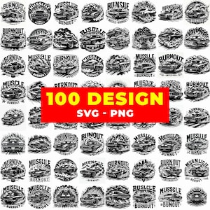 Könnte beinhalten: Eine Sammlung von 100 schwarz-weißen Autodesigns, darunter Muscle Cars, mit den Wörtern "BURNOUT" und "MUSCLE" in verschiedenen Schriftarten. Die Designs sind im SVG- und PNG-Format verfügbar.