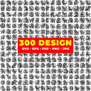 May include: A collection of 300 black and white dinosaur designs. The designs are in various poses and styles. A red banner with white text reads "300 DESIGN SVG - EPS - PDF - PNG - JPG".