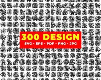 Op de afbeelding: Een verzameling van 300 zwart-witte dinosaurusontwerpen. De ontwerpen zijn in verschillende poses en stijlen. Een rode banner met witte tekst luidt "300 DESIGN SVG - EPS - PDF - PNG - JPG".