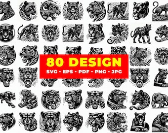 Op de afbeelding: Een verzameling van 80 zwart-wit panterontwerpen. De ontwerpen omvatten illustraties van panterkoppen, volledige lichaamshoudingen en decoratieve elementen. De afbeelding bevat de tekst "80 DESIGN" in gele letters op een rode achtergrond.