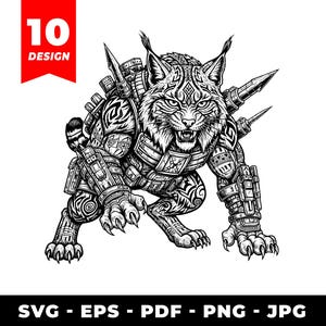 May include: Black and white illustration of a lynx-like creature with intricate armor and tribal tattoos. The image includes the text "10 DESIGN" in a red banner and file type options: SVG, EPS, PDF, PNG, JPG.