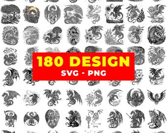 180 Tattoo Dragon SVG Clipart | Mythical Fantasy Illustrations (PNG)