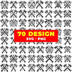 May include: A collection of 70 axe designs in black and white. The axes are depicted in various arrangements, some with decorative elements like leaves and crests. The image includes a red rectangle with the text "70 DESIGN SVG - PNG".