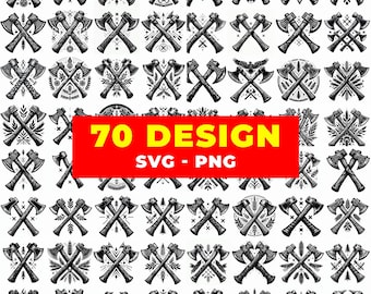 Pacote de SVGs com Machados Cruzados | 70 Desenhos de Lenhadores Vikings (Download Digital)