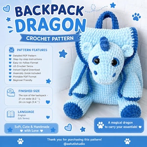 Backpack Dragon Crochet Pattern PDF, Dragon Backpack Amigurumi Pattern, Plush Backpack Tutorial, Cute Dragon Bag, Crochet PDF