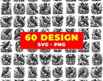 60 Raven Skull Gothic SVG PNG Bundle | Dark Crow Tattoo Clipart | Gothic Art Vector | Cricut Silhouette Digital Download