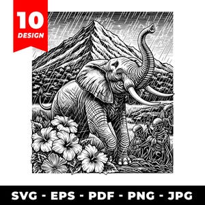 Może przedstawiać: Czarno-biała ilustracja słonia z podniesioną trąbą na tle góry. Obraz zawiera tekst "10 DESIGN" w czerwonym polu. Słoń otoczony jest kwiatami.