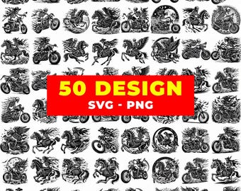 Pakiet 50 Skeleton Biker SVG | Clipart motocyklowy Grim Reaper | Gotycki motocyklista z czaszką PNG | Wzór tatuażu vintage chopper