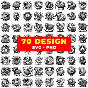 Könnte beinhalten: Eine Sammlung von 70 schwarz-weißen Schafdesigns in verschiedenen Posen und Stilen. Die Designs umfassen Schafe mit unterschiedlichen Ausdrücken, Accessoires und Aktivitäten. Das Bild enthält den Text "70 DESIGN SVG - PNG" in einem roten Rechteck.