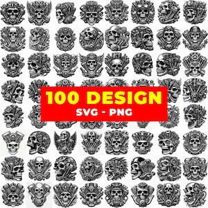May include: A collection of 100 detailed skull designs in black and white. The skulls feature various mechanical and decorative elements, with the text "100 DESIGN SVG - PNG" on a red banner.