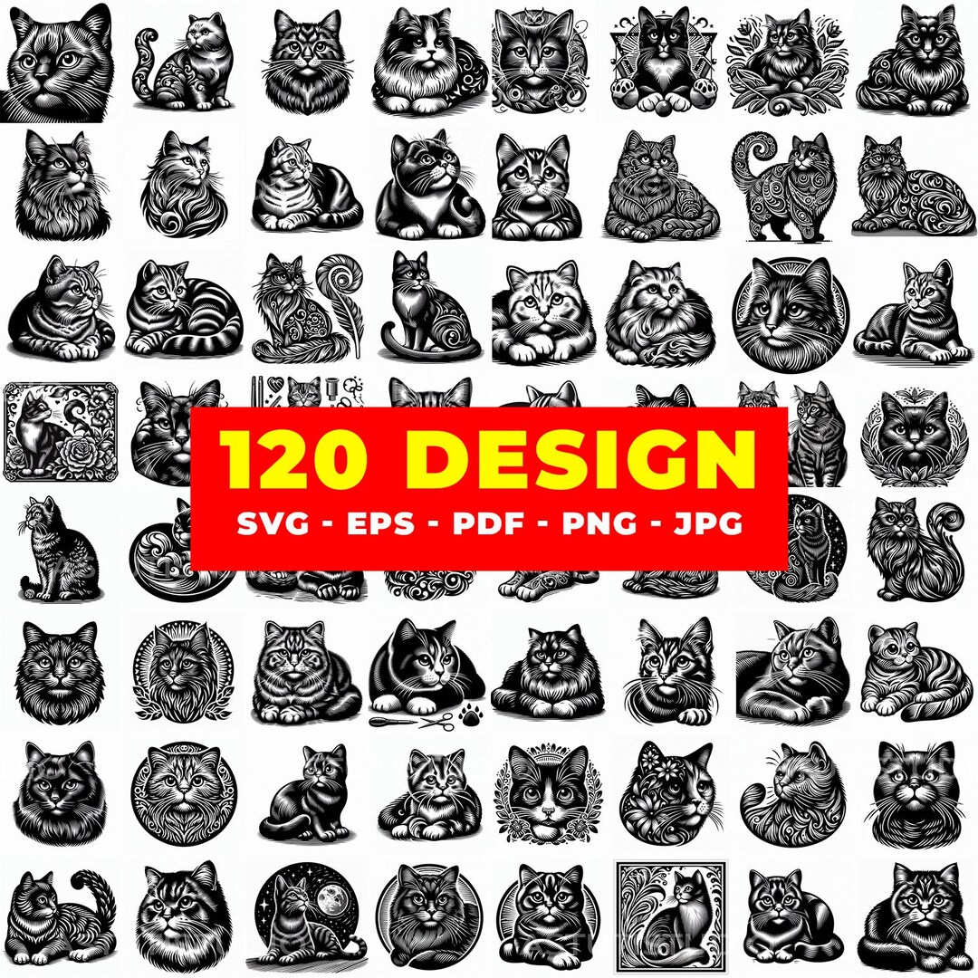 Tribal Cat Engraving Designs | 120 SVG Clipart Bundle (digital Download ...