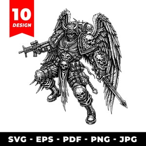 Peut inclure: Illustration en noir et blanc d'un guerrier ailé, portant une armure et des motifs de crânes. Le guerrier tient un fusil et une épée. L'image comprend le texte "10 DESIGN" dans une bannière rouge et les options de type de fichier : SVG, EPS, PDF, PNG, JPG.