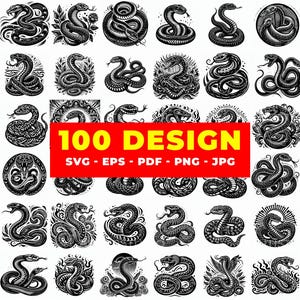Könnte beinhalten: Eine Sammlung von 100 schwarz-weißen Schlangenmotiven in verschiedenen Posen und Stilen. Die Designs umfassen aufgerollte Schlangen, Schlangen mit offenem Maul und Schlangen mit aufwendigen Mustern. Ein rotes Banner zeigt "100 DESIGN" mit Dateityp-Optionen.