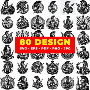 Puede incluir: Una colección de 80 diseños de guerreros espartanos en blanco y negro. Los diseños incluyen ilustraciones de cascos espartanos, guerreros con espadas y escudos, y emblemas circulares. El texto "80 DESIGN" se muestra en un rectángulo rojo.