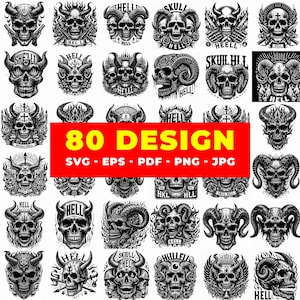 Pode incluir: Uma coleção de 80 designs de caveiras em preto e branco com chifres, asas e chamas. A palavra "HELL" e "SKULL" são visíveis em alguns designs. A imagem inclui o texto "80 DESIGN" com opções de formato de arquivo SVG, EPS, PDF, PNG e JPG.