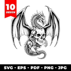May include: Black and white illustration of a dragon with large wings, perched atop a skull. The dragon's body is skeletal, with detailed scales and a menacing expression. The image includes the text "10 DESIGN" in a red banner.