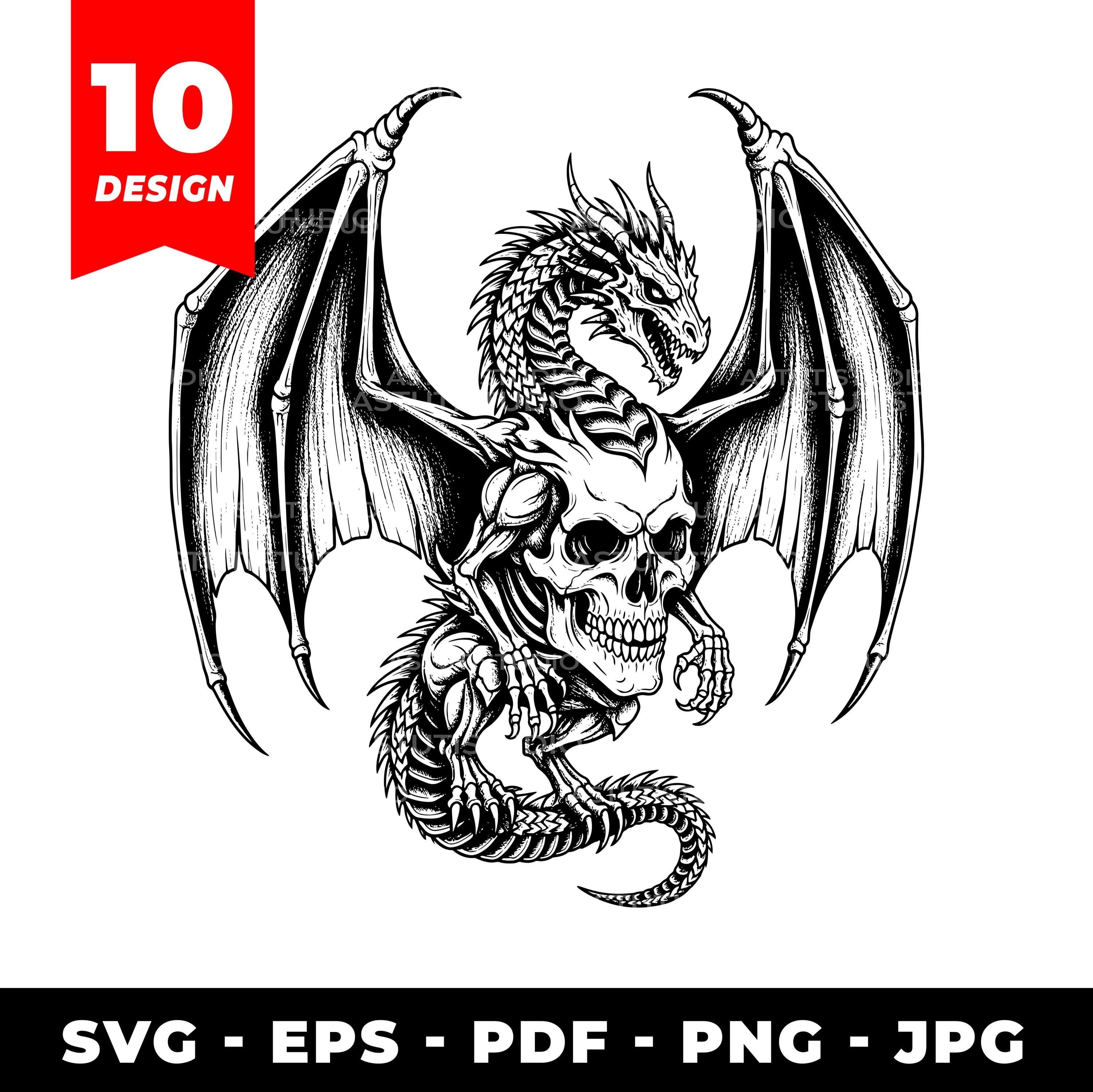 Dragon Skull SVG Bundle: Tribal Engraving, Fantasy Clipart