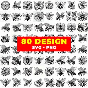 Op de afbeelding: Een verzameling van 80 zwart-witte bijenontwerpen, beschikbaar in SVG- en PNG-formaten. De ontwerpen variëren in stijl, sommige met bloemmotieven en ingewikkelde details. De tekst "80 DESIGN SVG - PNG" staat op een rode achtergrond.